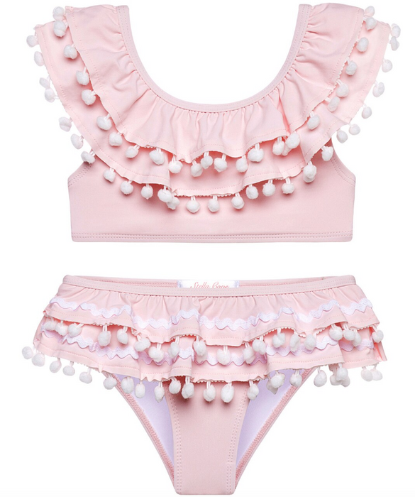 Pink two piece bikini with poms