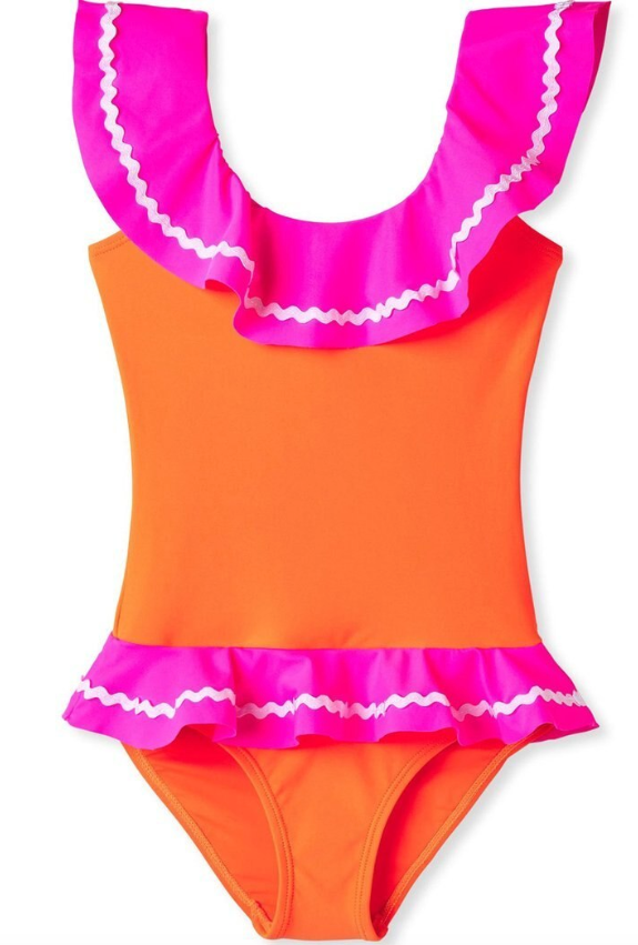 Neon Pink and Orange Ric Rac One Piece Swim Suit