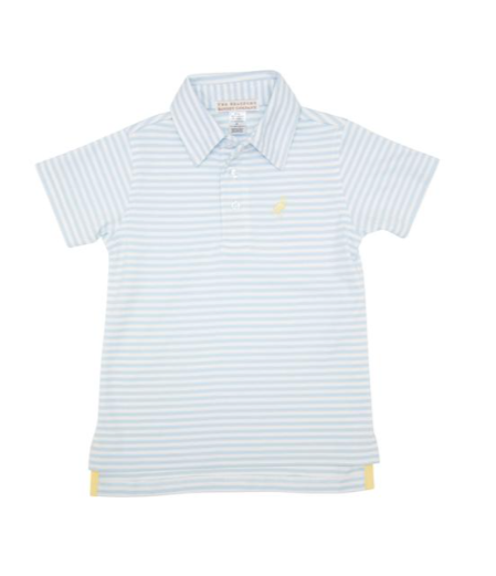 Prim & Proper Polo - Buckhead Blue & Worth Avenue White Stripe with Seaside Sunny Yellow Stork