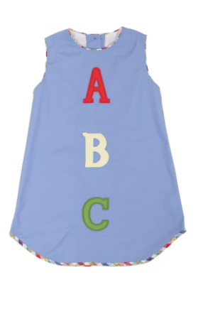 Annie Apron Dress | Park City Periwinkle with ABC Appliqué and Pinecrest Plaid Trim