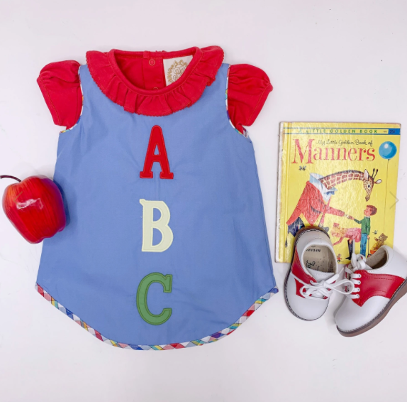 Annie Apron Dress | Park City Periwinkle with ABC Appliqué and Pinecrest Plaid Trim