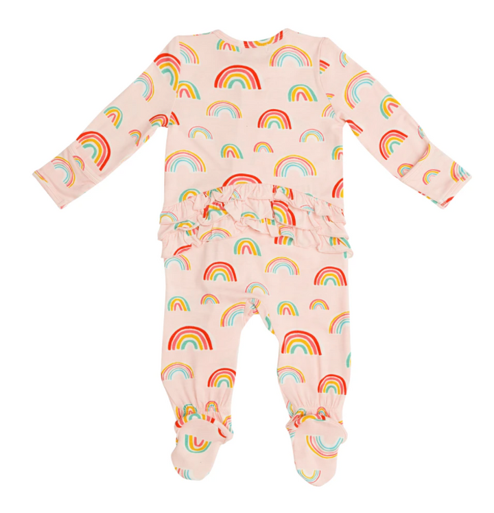 Pink Rainbows Ruffle Front Zipper Footie
