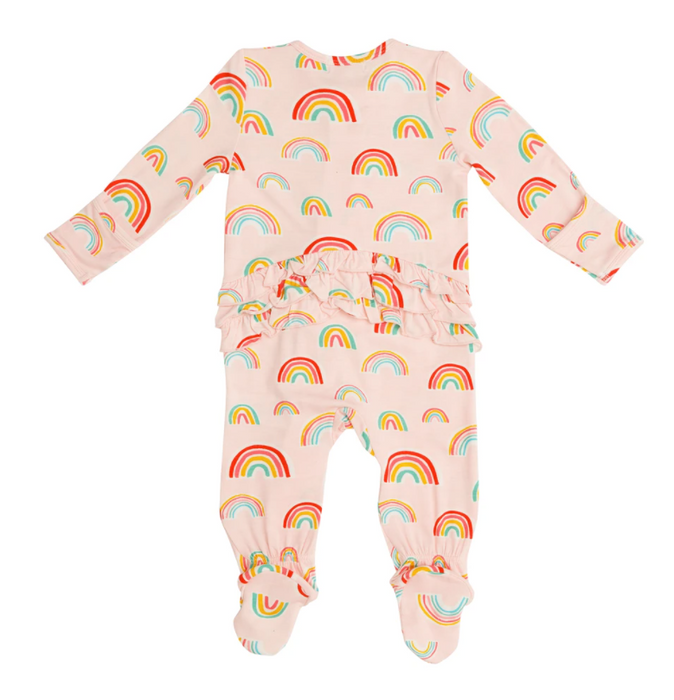Pink Rainbows Ruffle Front Zipper Footie