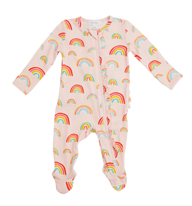 Pink Rainbows Ruffle Front Zipper Footie
