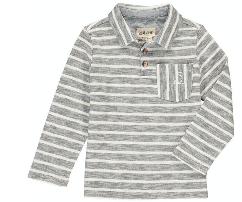Grey and White Stripe Long Sleeve Polo