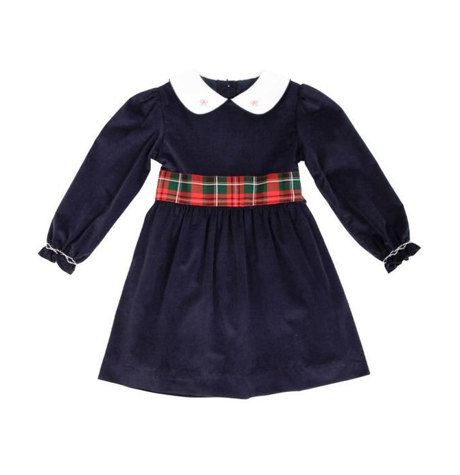 Long Sleeve Cindy Lou Sash Dress | Nantucket Navy | Jamestown Tartan