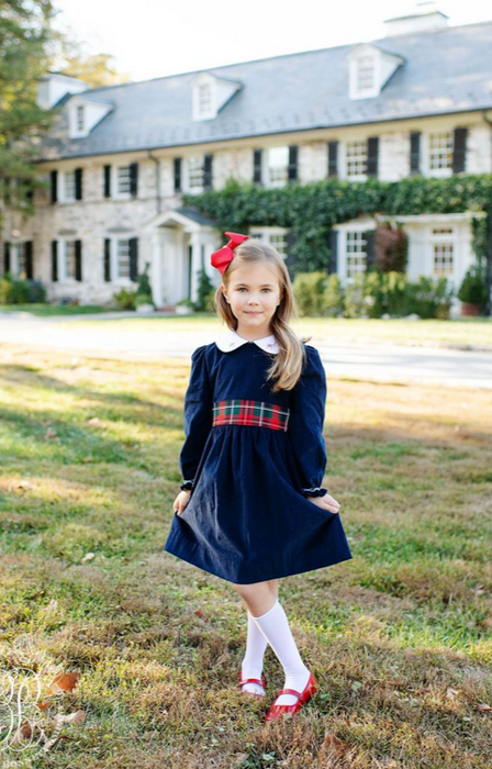 Long Sleeve Cindy Lou Sash Dress | Nantucket Navy | Jamestown Tartan
