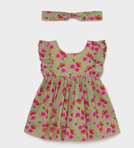 Ruffle Sleeved Dress with Headband  | Pink and Sage | 1987