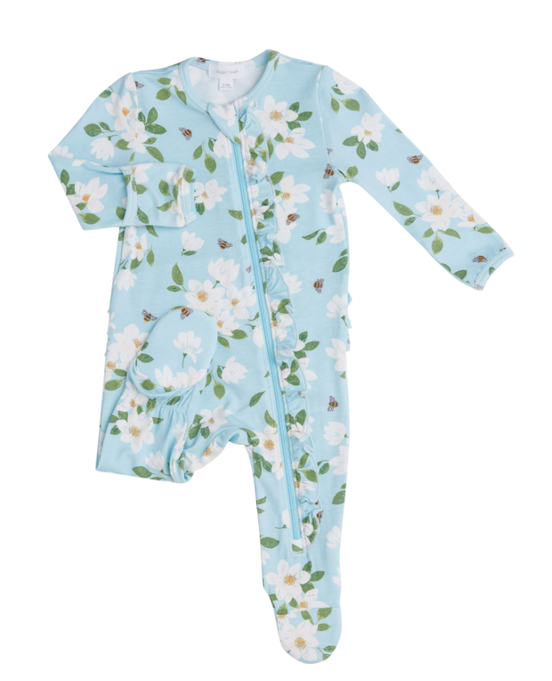 Blue Magnolias Ruffle Zipper Footie