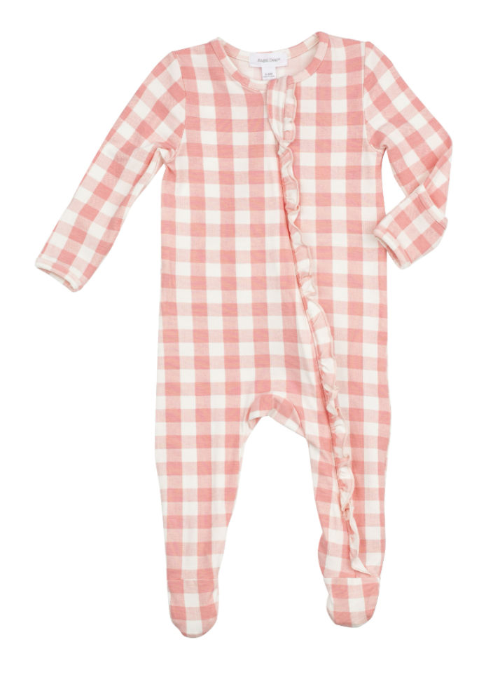 Pink Gingham Ruffle Zipper Footie