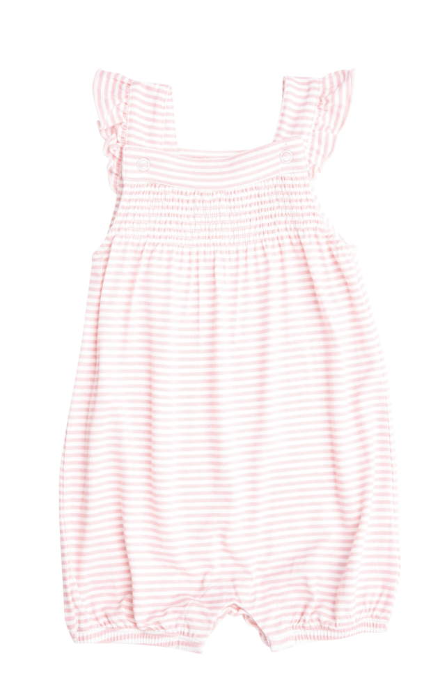 Pink Stripe Puppy Play Smocked Overall Shortie