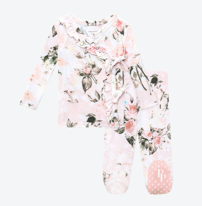 Vintage Pink Rose Tie Front Ruffled Kimono