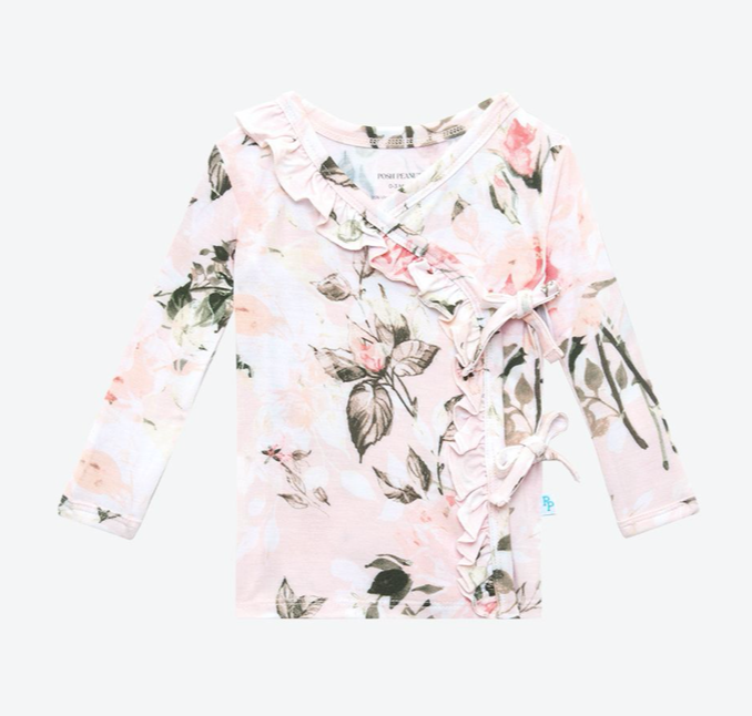 Vintage Pink Rose Tie Front Ruffled Kimono