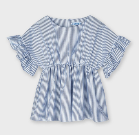 Blouse with Ruffle Sleeves | Blue and White Stripe | 3194