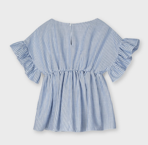 Blouse with Ruffle Sleeves | Blue and White Stripe | 3194
