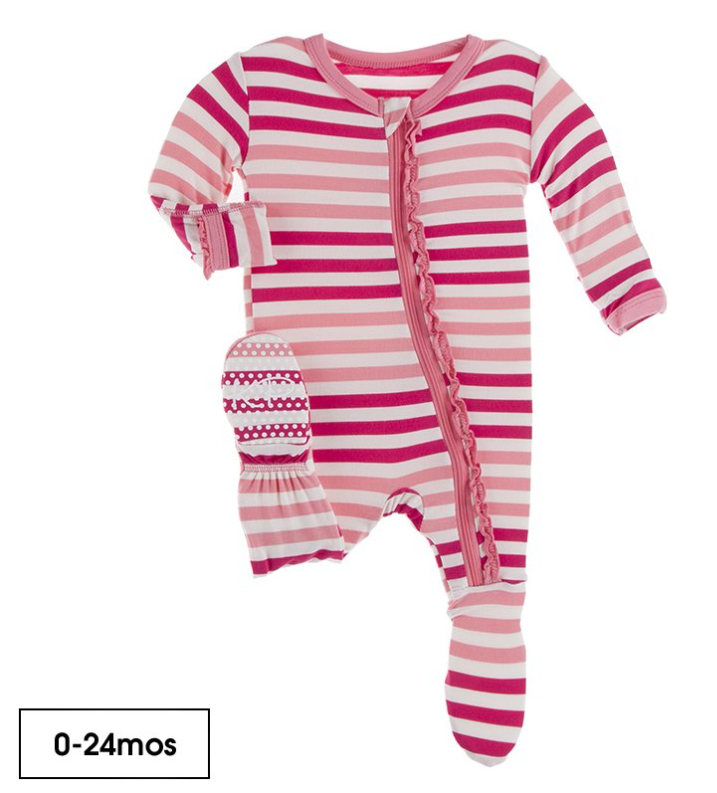Print Muffin Ruffle Footie with Zipper | Forest Fruit Stripe