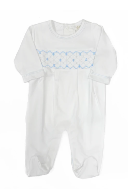 Blue Hand Smocked White Footie