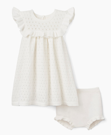Pointelle Flutter Sleeve Dress with Bloomer | White