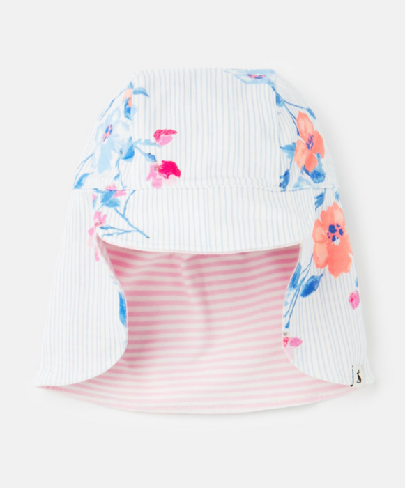 Reversible Hat with Neck Cover | White Floral Stripe