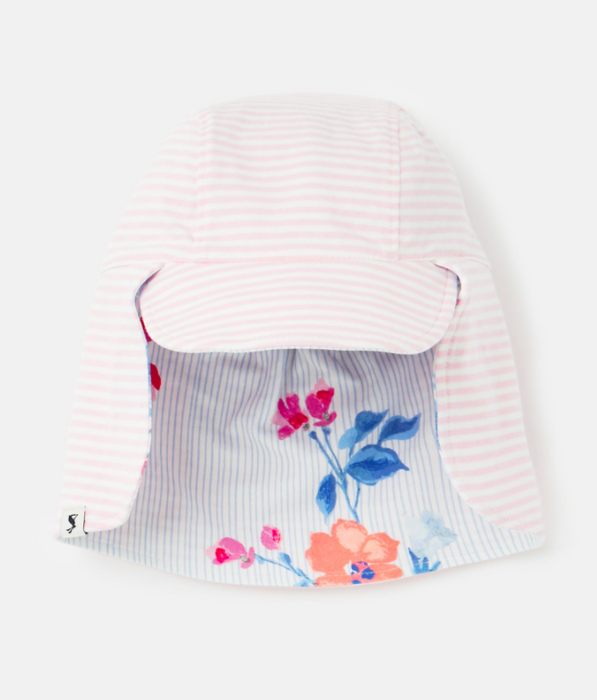Reversible Hat with Neck Cover | White Floral Stripe