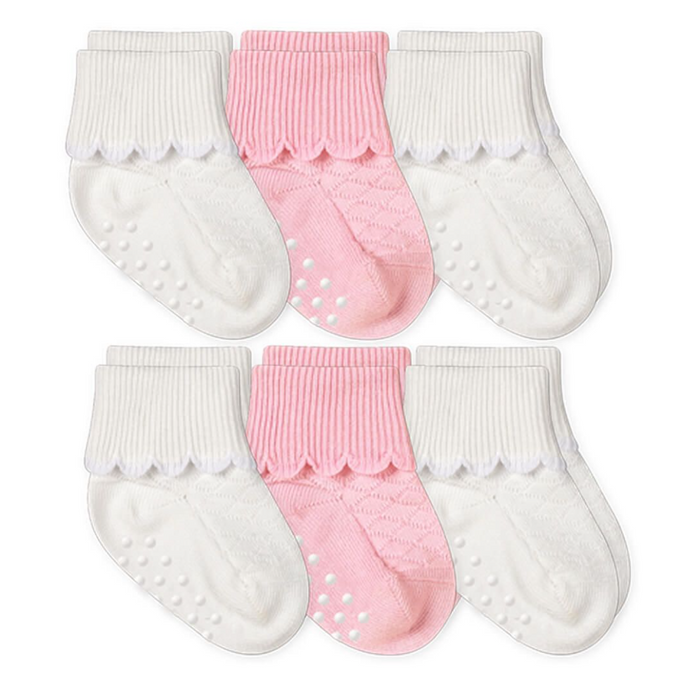 Non-Skid Scalloped Turn Cuff Socks 6 Pack | White and Pink | 62102