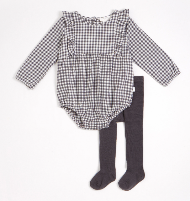 Charcoal Gingham Print Brushed Twill Romper with Tights