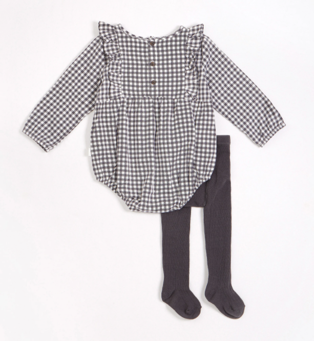 Charcoal Gingham Print Brushed Twill Romper with Tights