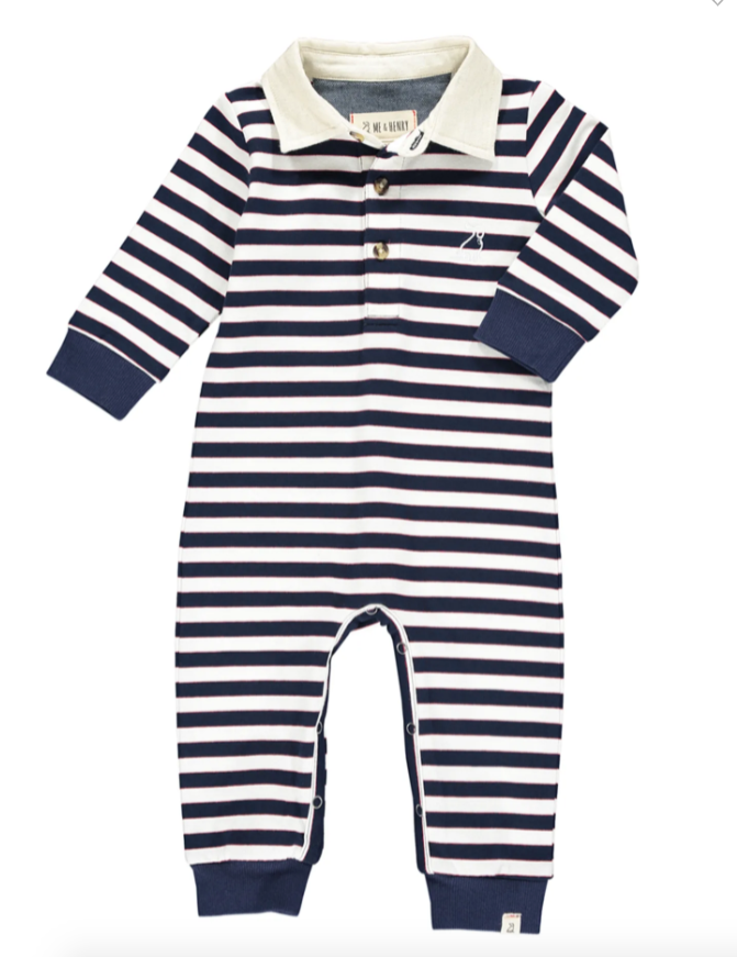 Kingston Polo Romper | White and Navy Stripe