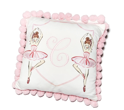 17x17 Brunette Ballerina with Pink Pompoms (pillow insert included)