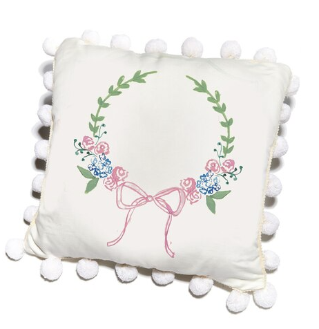 17x17 Wreath with Pink Bow and Large Cream Pompom Pillow  (pillow insert included)