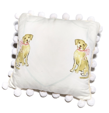 17x17 Yellow Puppy Dog with Pink Bow Pillow  (pillow insert included)