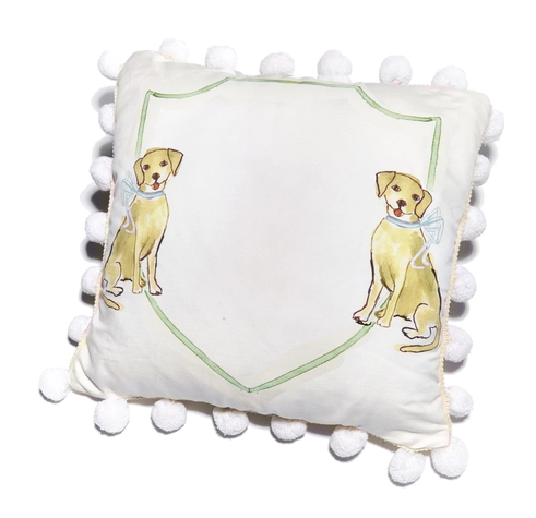 17x17 Yellow Puppy Dog with Blue Bow Pillow  (pillow insert included)