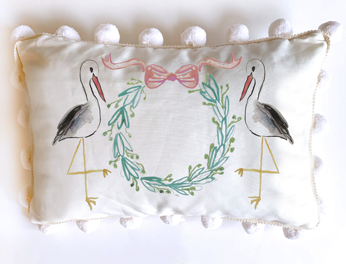 12x18 Stork Lumbar Pillow with Pink Bow and Cream Pompoms