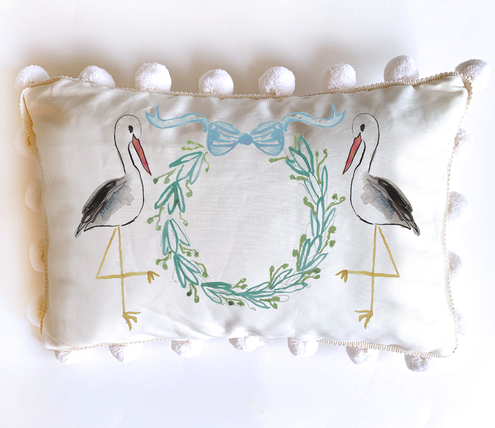 12x18 Stork Lumbar Pillow with Blue Bow and Cream Pompoms