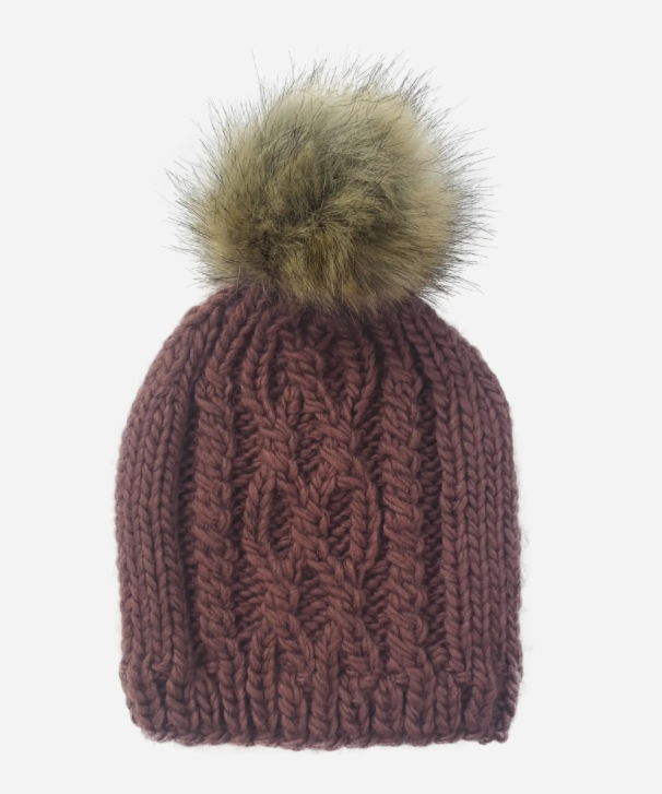 Mauve Cable Knit Hat with Fur Pom