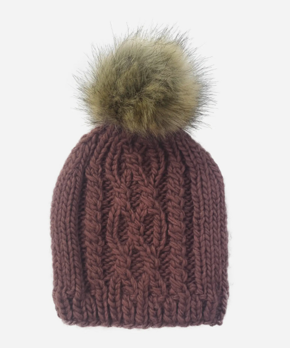 Mauve Cable Knit Hat with Fur Pom