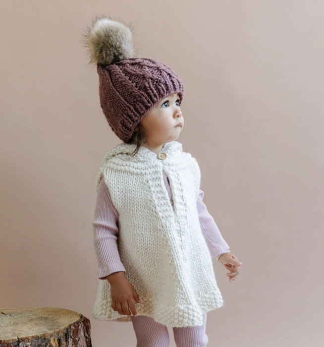 Mauve Cable Knit Hat with Fur Pom