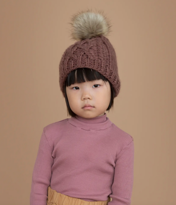 Mauve Cable Knit Hat with Fur Pom