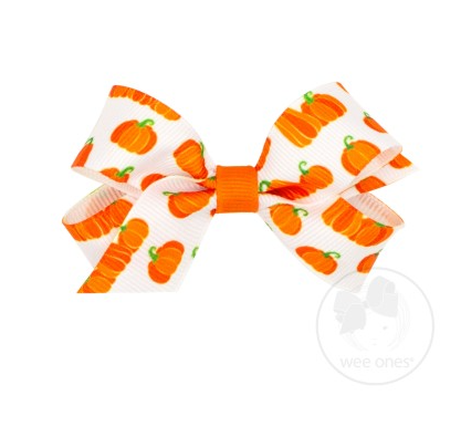 Mini Harvest-Themed Print Grosgrain Bow | Pumpkins