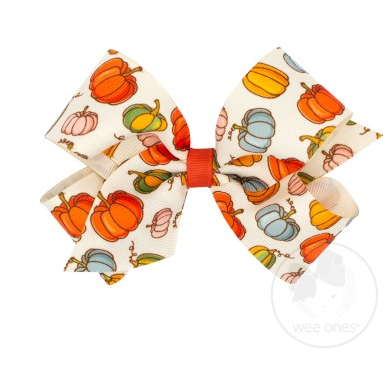 Medium Harvest-Themed Print Grosgrain Bow | Multi Colored Pumpkin Patch