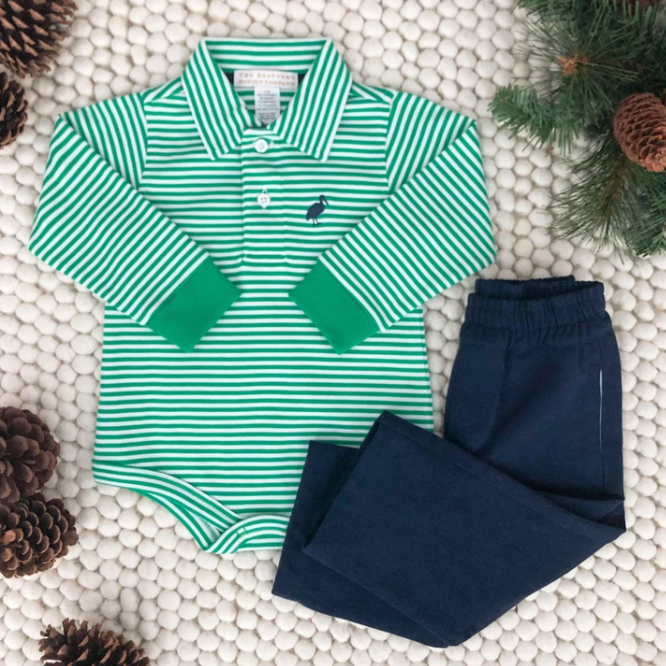 Long Sleeve Prim & Proper Polo & Onesie | Kiawah Kelly Green Stripe With Nantucket Navy Stork