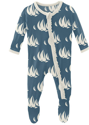 Print Muffin Ruffle Footie with Zipper | Deep Sea Sailboat Race