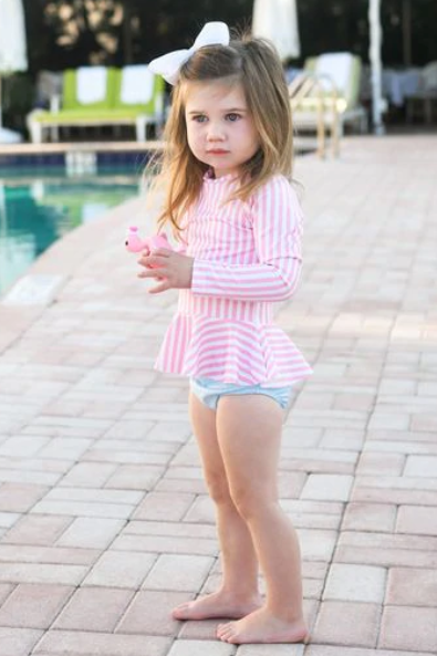 Girls Two Piece Rash Guard Set | Palm Beach Pink Stripe