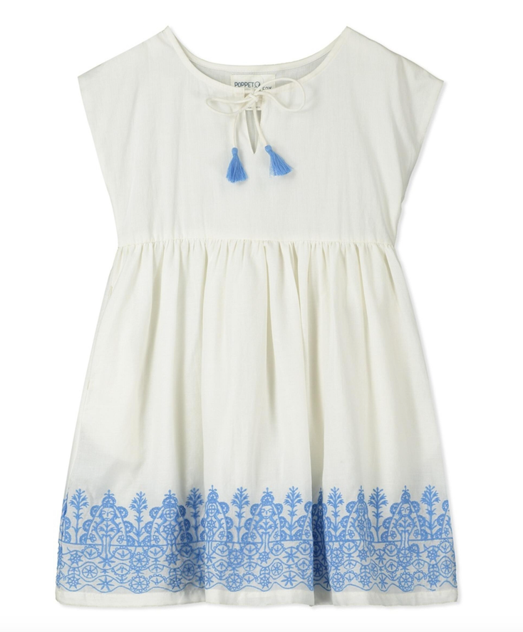 Santorini White Dress with Blue Embroidery