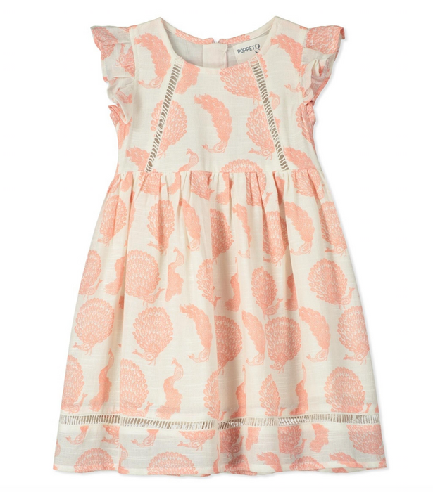 Sedona White Dress with Coral Peacocks
