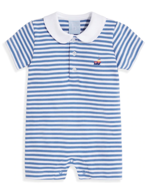 Royal Blue and White Stripe Embroidered Pima Romper