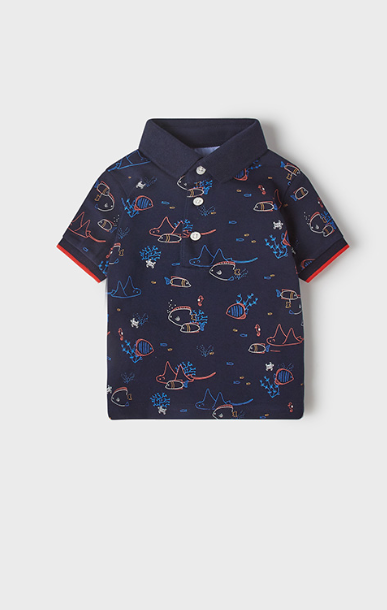 Navy Fish Print Polo | 1106