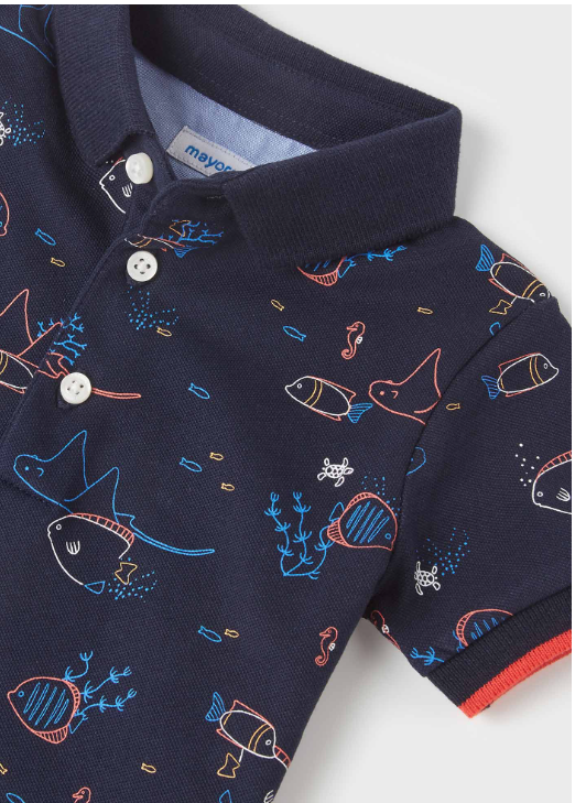 Navy Fish Print Polo | 1106