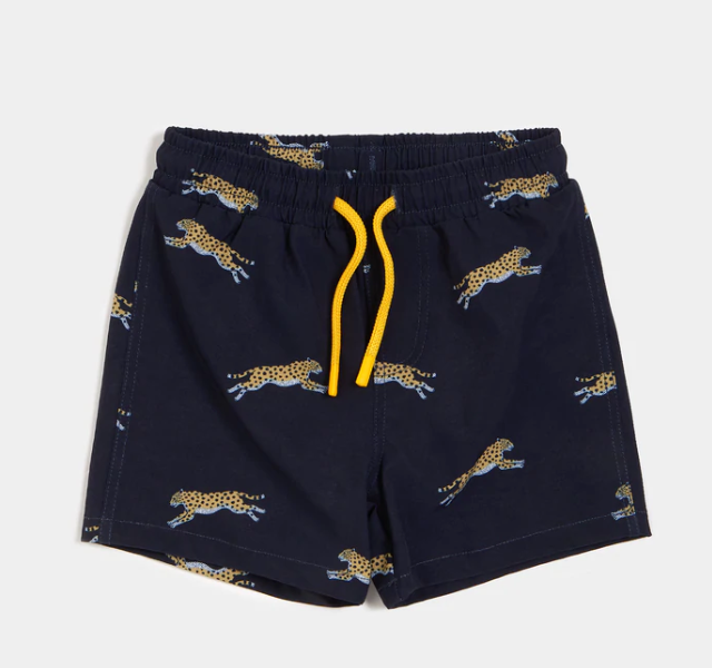 Navy Cheetah Print Baby Swim Trunks