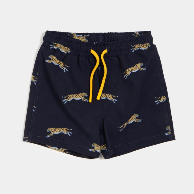 Navy Cheetah Print Swim Trunks
